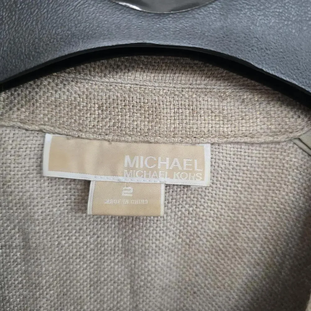 Michael Kors Tan Gold Button Blazer Cropped Length Jacket 100% Linen Sz S Office